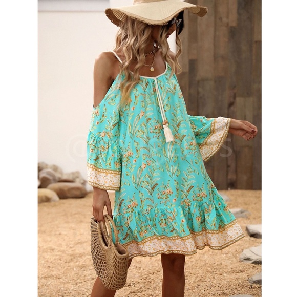 Mint Green Cold Shoulder Tassel Detail Loose Fitting Mini Dress Short Floral - Picture 4 of 10
